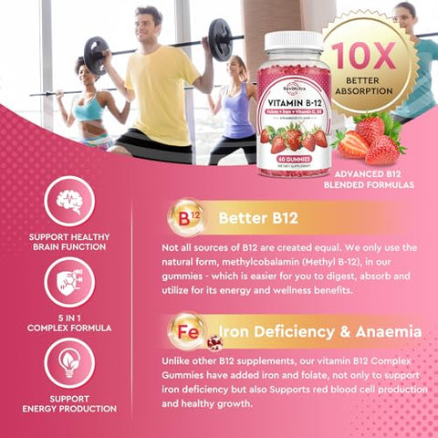 ReviNutra - Vitaminas B12 Gummies – 5000 mcg Methylcobalamin com Ferro, Vitamina C, D3