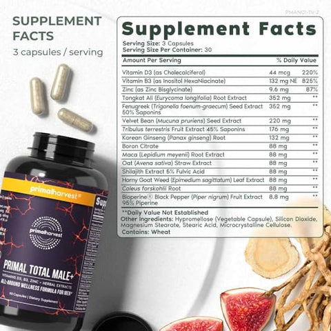 Tribulus Terrestris, Fenugreek, Ginseng Coreano, Maca Root Horny Goat Weed para Homens – Estimulante Natural – 90 Cápsulas - Primal Harvest