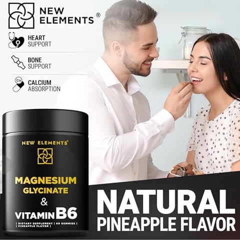 New Elements - Magnesium Glycinate Gummies 500mg com Vitamina B6 100mg para Adultos e Crianças – Alta Absorção | Sem Transgênicos | Sem Glúten | Alívio do Estresse | Sono