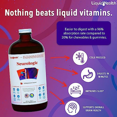 32 Oz Suplemento Líquido Neurologic Focus, Nootrópico para Função Cognitiva, Suplemento Cerebral para Memória – 32 Oz convertido para 946 ml - LIQUIDHEALTH