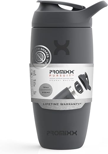 Pursuit Garrafa Shaker Isolada em Aço Inoxidável e Copo Misturador, 18oz (532ml), Cinza Grafite - Promixx
