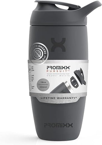Pursuit Garrafa Shaker Isolada em Aço Inoxidável e Copo Misturador, 18oz (532ml), Cinza Grafite - Promixx
