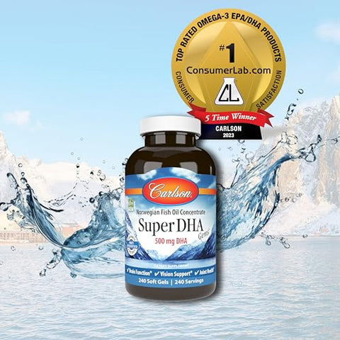 Super DHA Gems – 500 mg Ômega-3, 640 mg Ácidos Graxos, Concentrado de Óleo de Peixe Norueguês, Capturado de Forma Sustentável, Cápsulas de Óleo de Peixe, 240 Softgels - Carlson