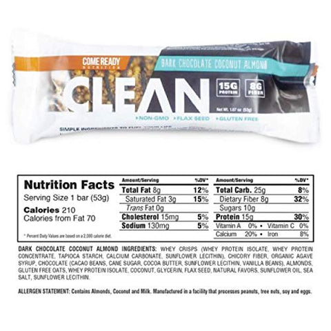 Barra Ready CLEAN, 15g de Proteína, 8g de Fibra, 6.5g de Grãos Integrais, Sem GMO, Chocolate Amargo Coco Amêndoa, 53g, Pack com 12 Unidades