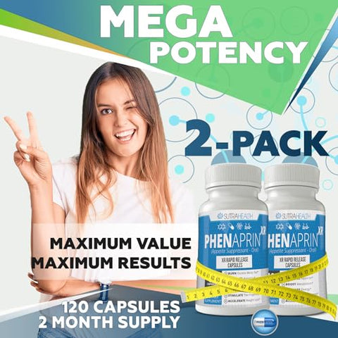 SutraHealth - PhenAprin XR – Supressor de Apetite de Força Máxima em Cápsulas – 2-Pack, Acelerador de Metabolismo, Perda de Peso para Mulheres e Homens, 120 Cápsulas Azuis e Brancas