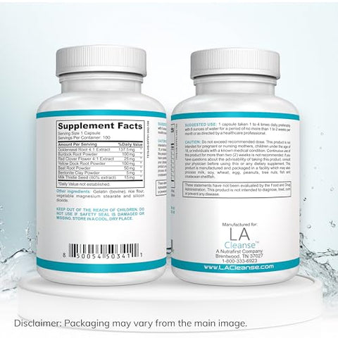 LA Cleanse - Detoxificador Flush Suplemento Detox – 100 Cápsulas – 137,5 mg Raiz de Hydrastis canadensis com Pó de Raiz de Arctium lappa, Raiz de Rumex crispus