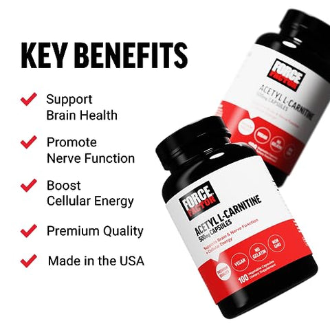Acetyl L-Carnitine – Suplemento Cérebro, Suporte Nervoso e Energia Celular – 500mg, Qualidade Premium, Vegano, Não-OGM, 100 Cápsulas Vegetais - Force Factor