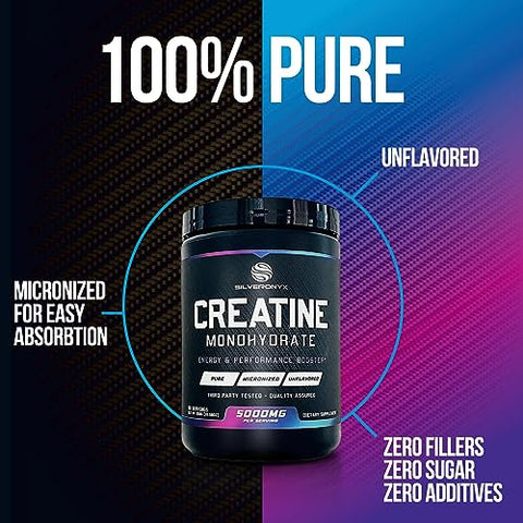 SILVERONYX - Creatina Monohidratada em Pó Micronizada 5000mg – Suplemento de Creatina Pura 100%, Creatina Monohidratada em Pó 5g, Suporte para Construção Muscular, Suplemento de Creatina Mono, Keto