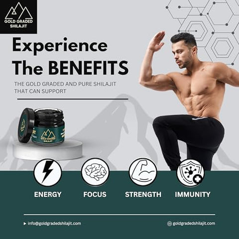 Gold Graded Shilajit - Shilajit Resina com Ácido Fúlvico | 500mg Alta Potência de Shilajit Puro do Himalaia Orgânico com 85 Minerais Traços para Energia