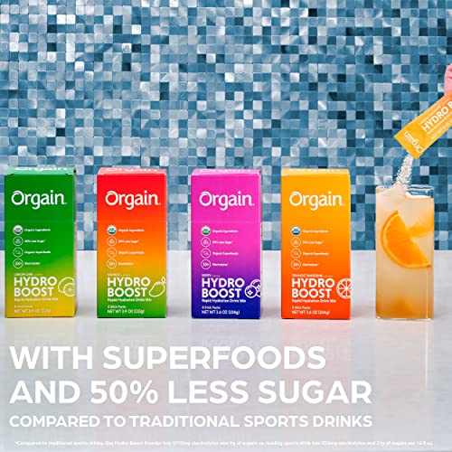 Pacotes de Hidratação Orgânica, Pó de Eletrólitos – Mango Hydro Boost com Superfoods, Vegano, Sem Glúten, Sem Ingredientes de Soja, Não-OGM, Menos Açúcar que Bebidas Esportivas, 8 Unidades - Orgain
