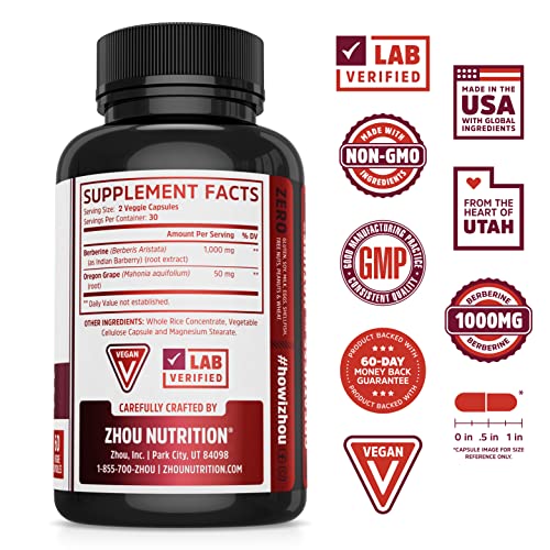 ZHOU - Zhou Nutrition Berberine 1000mg com Oregon Grape, Vegano, Sem Glúten, 30 Porções