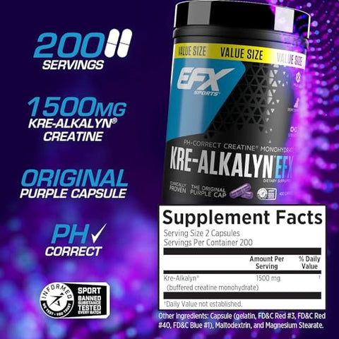 Kre-Alkalyn EFX | Creatina Monohidratada em Cápsulas pH Correto | Força, Crescimento Muscular | 120 Cápsulas - EFX Sports