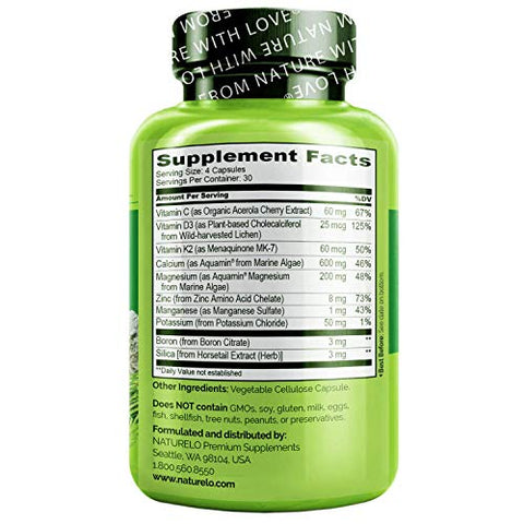 Suplemento de Cálcio NATURELO – Fortalecimento Ósseo com 600mg de Cálcio, Vitamina D3, K2, C, Magnésio, Zinco – à base de plantas, 120 Cápsulas Vegetarianas, Não-OGM, Sem Soja