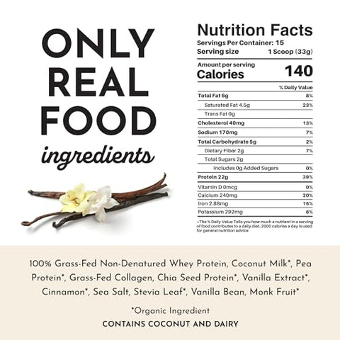 Proteína em Pó JUST INGREDIENTS | Proteína de Baunilha Feita com 100% Whey de Pasto, Não Desnaturada | Quatro Fontes de Proteína de Alimentos Orgânicos | 15g