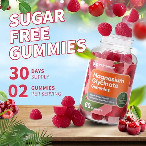 IRIDESICENT - Magnesium Glycinate Gummies 400mg – Suplemento de Magnésio Vegano, Sem Açúcar, com Magnésio L-Treonato 200mg, Ashwagandha e Zinco – 120 Unidades de Sabor Cereja