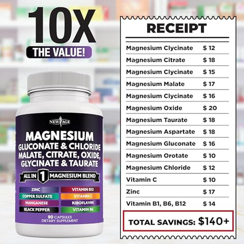 NEW AGE - Magnésio Suplemento – Poderoso Glicinato Citrato Malato Óxido Taurato Aspartato Gluconato Orotato 500g