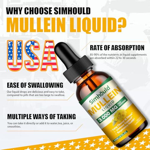 Simhould - 2 Pack Tintura de Mullein – 3000mg Extrato de Folha de Mullein Orgânico para Desintoxicação Pulmonar e Saúde Respiratória, Suplemento Natural, Suporte Digestivo e Impulsionador Imunológico, Marca X