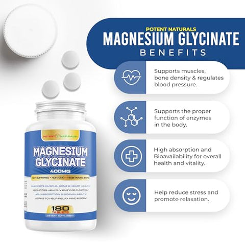 POTENT NATURALS - Magnésio Glicinato 400mg 180 Comprimidos – Fórmula de Absorção Suave Não Laxante – Suplemento Mineral Amigável ao Glúten e Não Transgênico para Homens – Testado por Terceiros, Sem Preenchedores