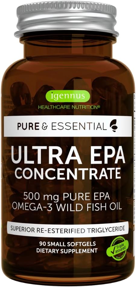 Igennus Healthcare Nutrition - Ultra Pure EPA, Concentrado de Ômega-3 500 mg de Óleo de Peixe Selvagem, Forma de Triglicerídeo rTG Mais Avançada, Não-OGM, 90 Cápsulas Softgel Pequenas, Puro