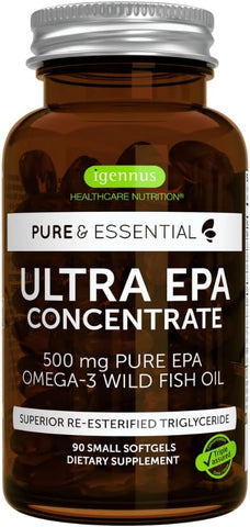 Igennus Healthcare Nutrition - Ultra Pure EPA, Concentrado de Ômega-3 500 mg de Óleo de Peixe Selvagem, Forma de Triglicerídeo rTG Mais Avançada, Não-OGM, 90 Cápsulas Softgel Pequenas, Puro