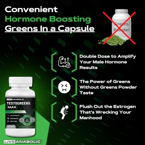 TestoGreens Max: Suplemento Diário de Cápsulas Verdes para Homens, Suporte Natural aos Hormônios Masculinos, Energia Aprimorada - Live Anabolic