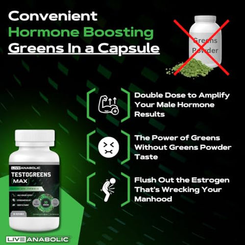 TestoGreens Max: Suplemento Diário de Cápsulas Verdes para Homens, Suporte Natural aos Hormônios Masculinos, Energia Aprimorada - Live Anabolic