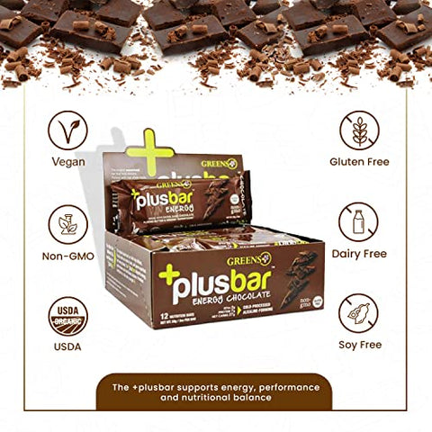 Greens+ - Barras Energéticas Greens Plusbar, Chocolate, Snacks Saudáveis Sem Glúten com Super Verdes Orgânicos, Superfoods | 100g