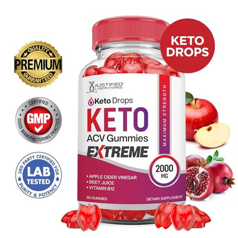 Justified Laboratories - (2 Pacotes) Gomas Keto Drops Keto ACV Extreme 2000MG Fórmula Avançada de Gomas Keto Drops Keto com Vinagre de Maçã, Romã e Beterraba em Pó B12 Vegano Não GMO 120 Gomas