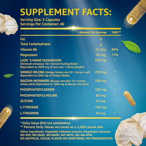 LetaGreen - Suplemento de Cápsulas de Leão Orgânico – 240 Cápsulas de Leão Mane Real Mushrooms com Erva Ginkgo Biloba, Bacopa Monnieri – Suporte à Clareza – Suplemento de Cogumelo Leão Mane