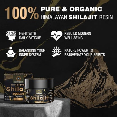 HYVINVOINTI - Shilajit Resina Orgânica Pura do Himalaia 600mg – Grau Ouro, Energia e Vitalidade