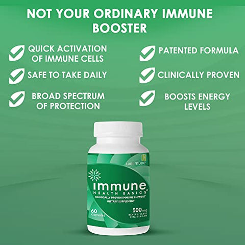 Immune Health Basics - Ultra Strength Immunity – Suporte Imunológico Comprovado Clinicamente – Wellmune Beta Glucano Altamente Purificado – Cápsulas Livres de Glúten, Não Alérgicas, Não-OGM e Veganas – 60 Cápsulas, 500 mg
