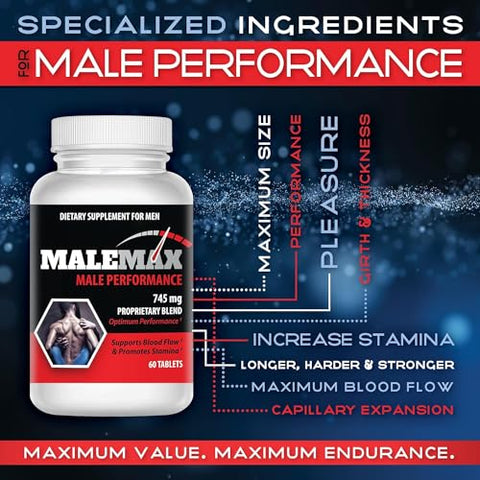 MaleMax - Perform- Suplemento Masculino- Homens Ganham de 1 a 3 Polegadas Rápido- 100% Natural, Testado em Laboratório para Pureza- Sem Substâncias Proibidas- 60 Comprimidos