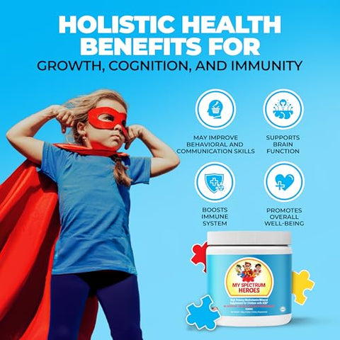My Spectrum Heroes - Multivitamínico Infantil em Pó – Fácil de Misturar, Melhor Absorção, Não-OGM, Sem Glúten, Sem Ingredientes Artificiais – Ajuda Neural para Crianças no Espectro – [Nome da Marca]