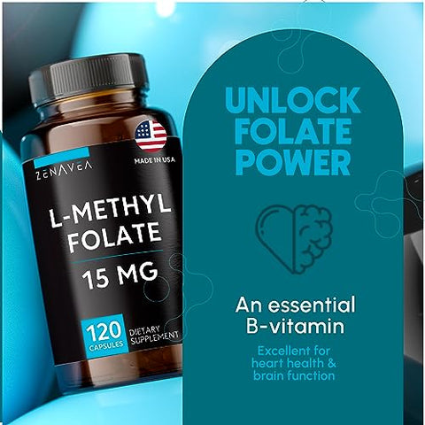 Zenavea - L-Methylfolate 15mg – Suplemento de L Methyl Folate, 5-MTHF para Deficiência de Ácido Fólico – Máxima Absorção e Potência – 15 mg de l-methylfolate – Folate 15 mg – 120 Veganas