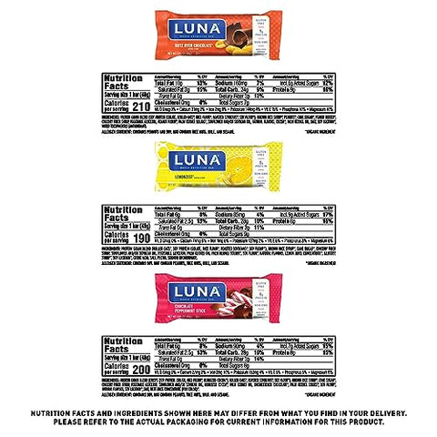Luna Bar - LUNA Bar – Pack Sortido – Sem Glúten – Não-OGM – 7-9g Proteína – Feito com Aveia Orgânica – Baixo Índice Glicêmico – Barras de Lanche Nutritivas – Exclusivo Amazon – 48g (12 Unidades)