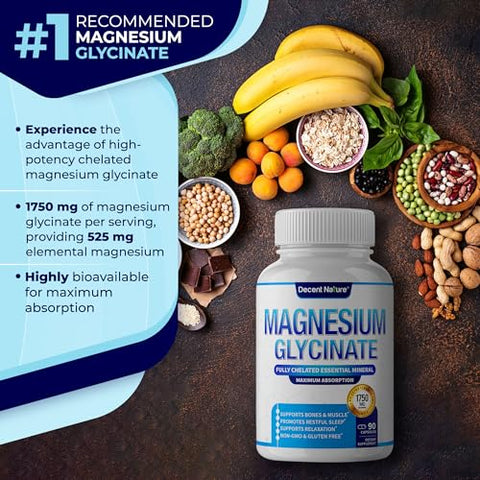 DECENT NATURE - Magnésio Glicinato 525mg – Suplemento de Magnésio Elemental Quelado para Alta Absorção – Marca: Magnésio Glicinato 525mg
