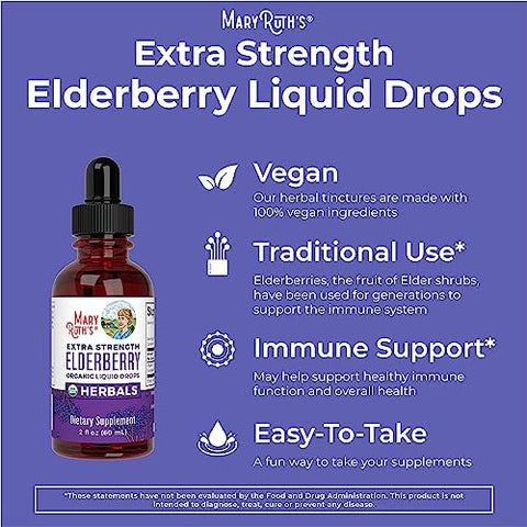 Xarope de Sabugueiro Extra Forte, Orgânico Certificado USDA, Sem Açúcar para Adultos – 120ml - MaryRuth Organics