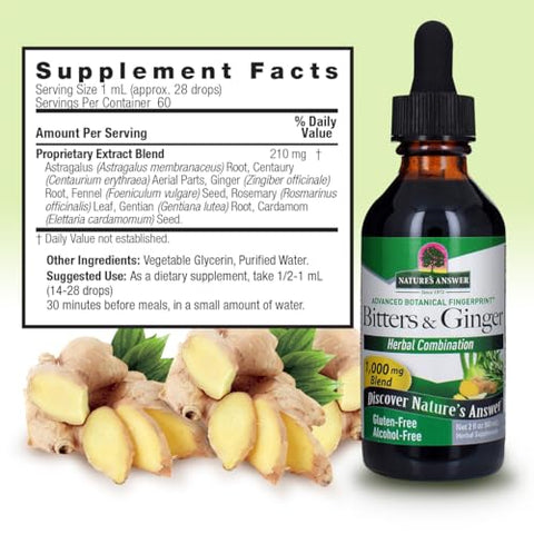 Nature's Answer - Nature’s Answer Bitters and Ginger 60ml – Sem Álcool, Sem Glúten, Suporte Digestivo – Swedish Bitters, Digestive Bitters, Extrato de Gengibre para Suporte Estomacal – Adequado para
