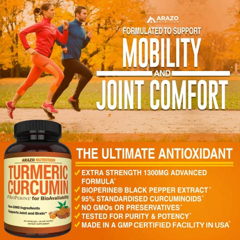 Cúrcuma Curcumina com BioPerine 1300mg e Pimenta Preta – Suplemento Nutricional para Suporte Articular – Cápsulas de Raiz de Cúrcuma 100% Herbal - Arazo Nutrition
