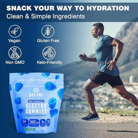 Day One - Electrogummies Blue Raspberry – Gomas Eletrolíticas com 385mg de 5 Eletrólitos Essenciais – Alternativa de Hidratação a Pós, Comprimidos, Gomas – Para Corredores, Esportes de Resistência