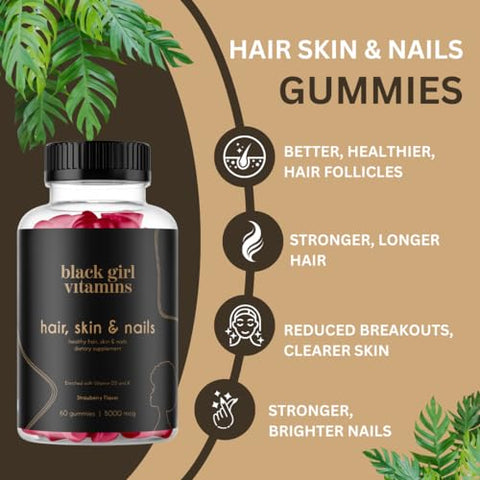 Black Girl Vitamins - Vitaminas para Cabelo, Pele e Unhas Black Girl – Biotina (6000 mcg), Zinco, Sem Gelatina, Vitamina A e Vitamina E – Livre de Glúten. Fabricado nos EUA (Sabor Morango, 60 unidades) 30 gummies