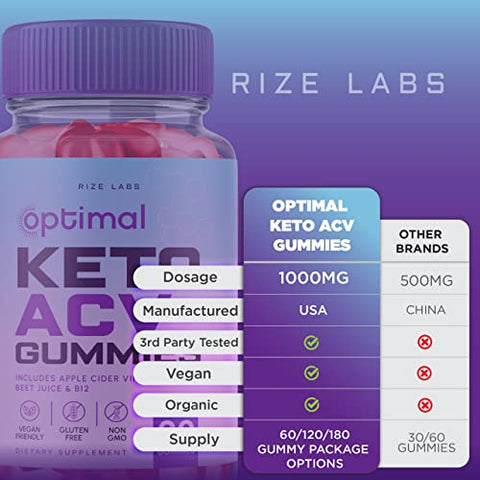 rize labs - (3 Pacotes) Gomas Optimal Keto – Gomas Optimal Keto ACV, Gomas Optimal Keto ACV para Perda de Peso com Suplemento de Vinagre de Maçã para Queimar Gordura da Barriga Gomitas Extra Fortes Por Peso