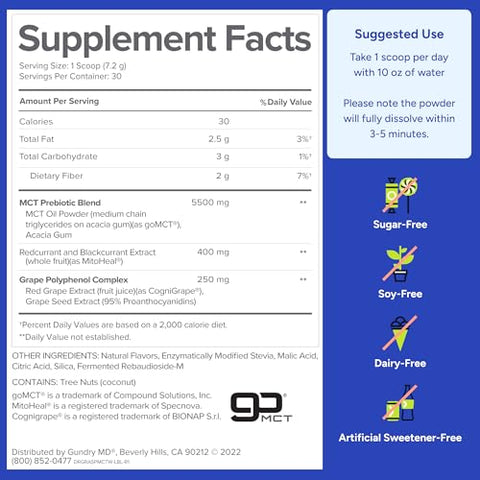 MCT Wellness Powder – Energia, Produção de Cetonas e Saúde Cerebral – Keto Friendly, Sem Açúcar (30 Porções) (Raspberry Medley) - Gundry MD