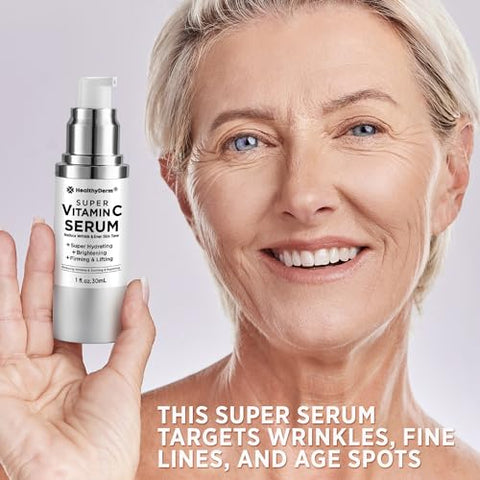HealthyDerm - Super Serum Vitamina C para Mulheres Acima de 70: Vitamina C, Ácido Hialurônico, Vitamina E, Cafeína, Hidratante, Efeito Lifting, Redução de Rugas Faciais