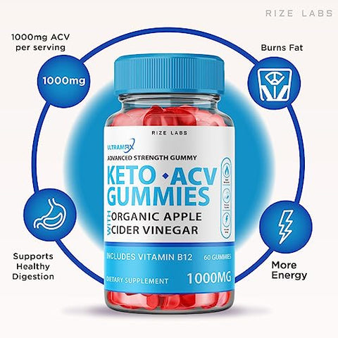 rize labs - UltraMax Keto Gummies – Gomas Ultra Max Keto ACV para Perda de Peso Avançada com Vinagre de Maçã – Suplemento Extra Forte para Gordura Abdominal (60 Gomas)