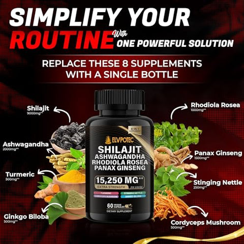 9000MG Shilajit Puro do Himalaia, 2000MG Ashwagandha Energizante, 1000MG Rhodiola Rosea, 1500MG Panax Ginseng, 500MG Cúrcuma, 500MG Ginkgo, 250MG Urtiga, Energia Natural e Saúde Potencializada - ELVPOTEC