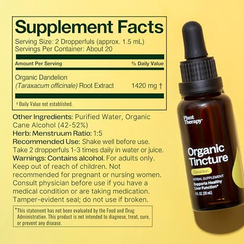 Tintura de Raiz de Dente-de-leão Orgânica Plant Therapy 30 mL (1 oz) – Suporte à Saúde Cardíaca, Potente