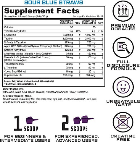 Cutler Nutrition - Prevail Pré-Treino em Pó com Nootrópicos: Melhor Pré-Treino para Homens e Mulheres, Suplemento Energético e de Foco de Ponta com L Citrulina, Alpha GPC, L Tirosina | Azul Azedo | 300g