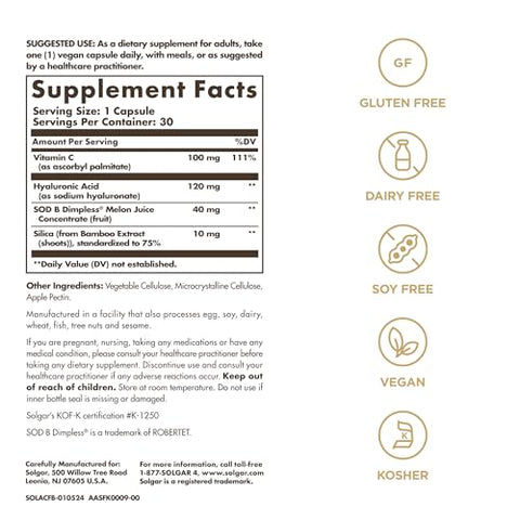 SOLGAR - Solgar – Nutrição Antienvelhecimento para Mulheres com Concentrado de Melão Francês, Ácido Hialurônico e Vitamina C – Promova uma Pele Bonita – Diário, Vegano, Sem Laticínios, Soja – 30ml