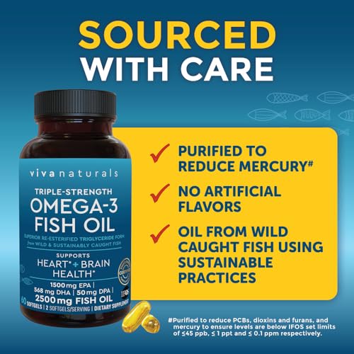 Ômega 3 Triplo Forte – 2500 mg de Óleo de Peixe com Ácidos Graxos Ômega 3 Re-Esterificados, incluindo EPA, DHA e DPA – 60 Cápsulas Softgel Amigáveis aos Pescetarianos - Viva Naturals